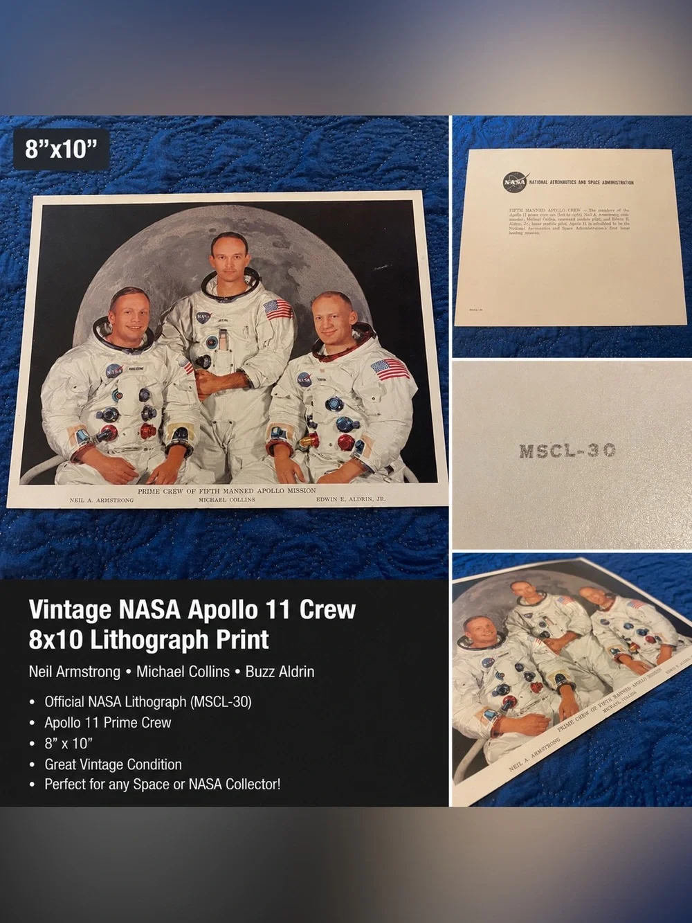 Vintage NASA Apollo 11 Crew Lithograph Print - White Space Suits